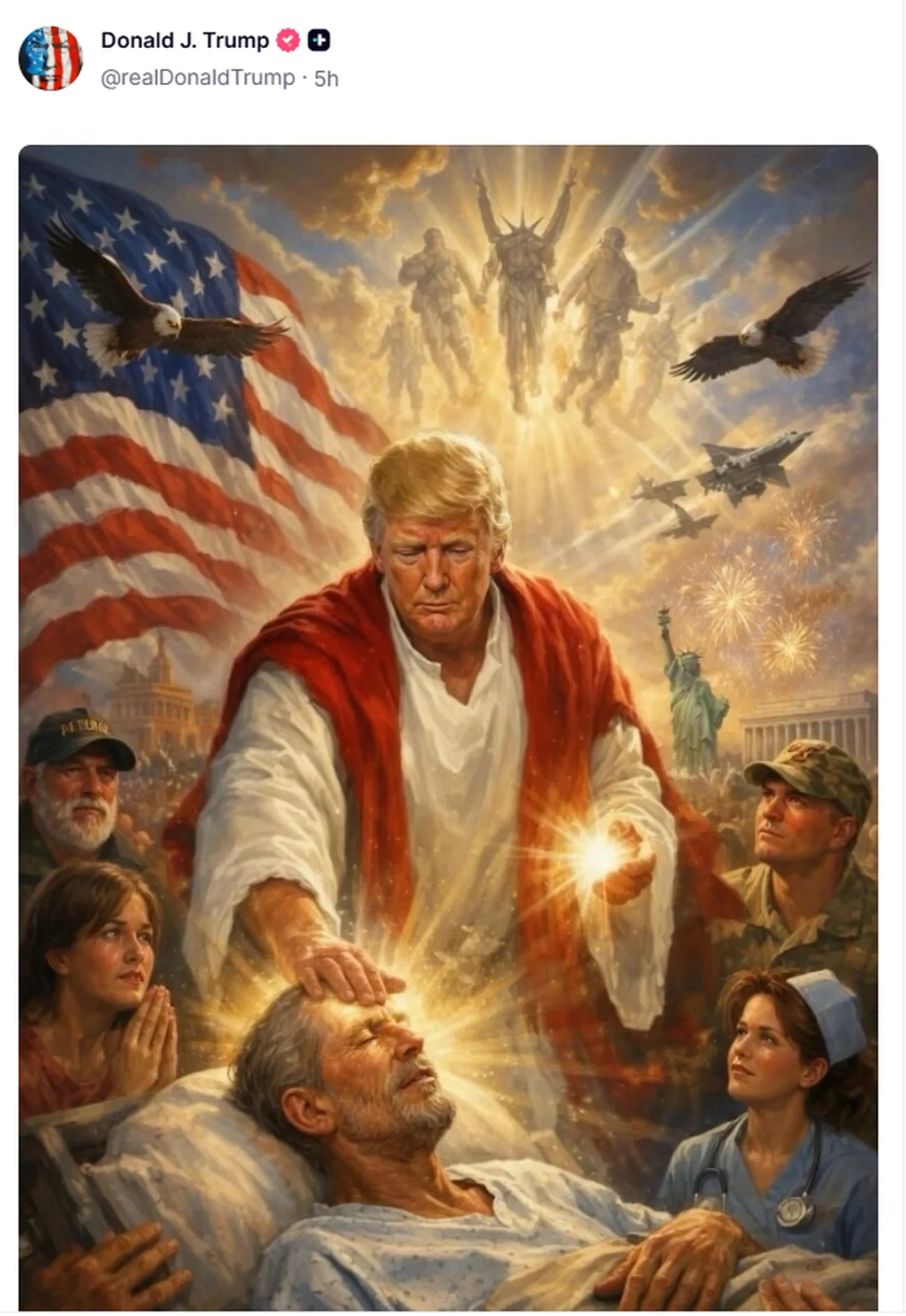 L'immagine messianica postata su suo social Truth da Trump